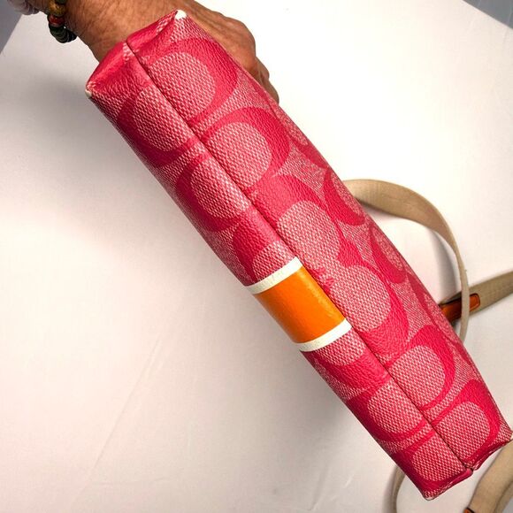 Coach Signature Stripe Crossbody Bag Pink Orange Canvas Leather Trim - Picture 5 of 8